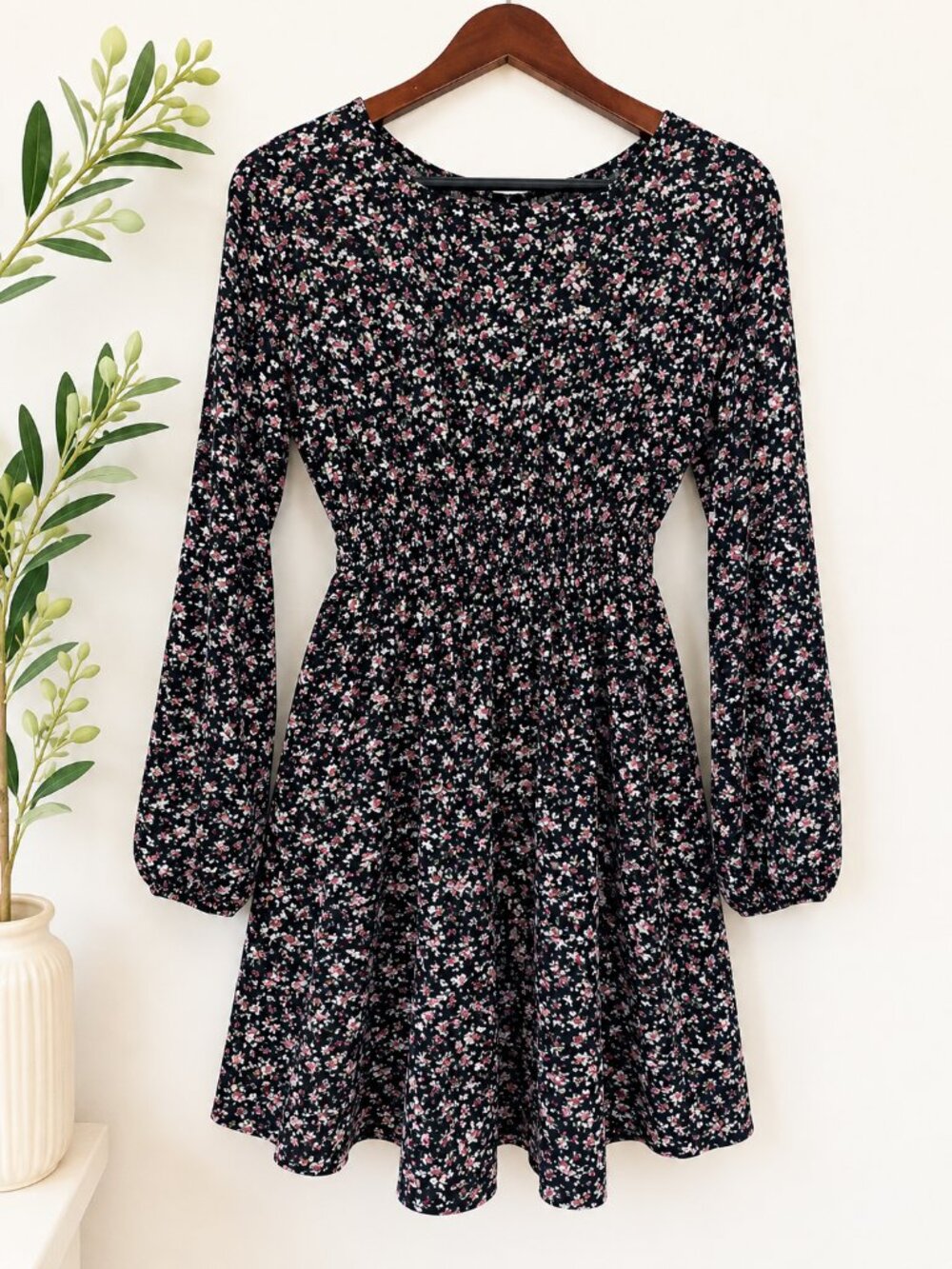 Floral Smocked Babydoll Mini Dress Puff Sleeve Cottagecore Romantic S